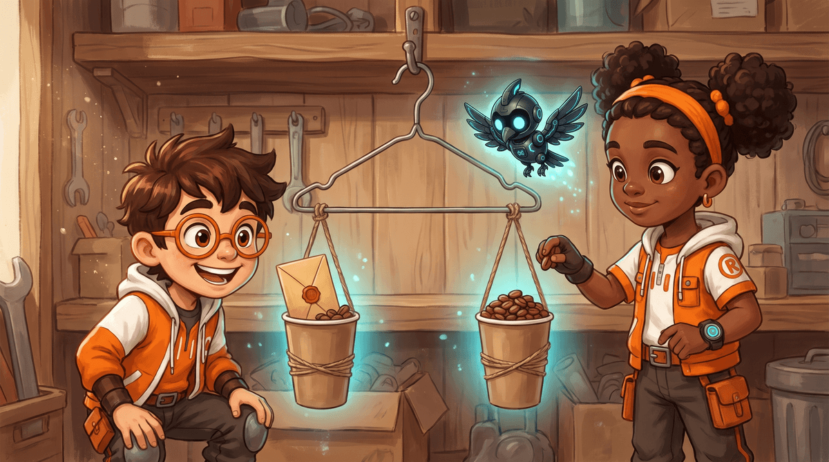Rocket and Raven at the workbench with a coat-hanger balance, an envelope in one cup, beans in both, Nova hovering.