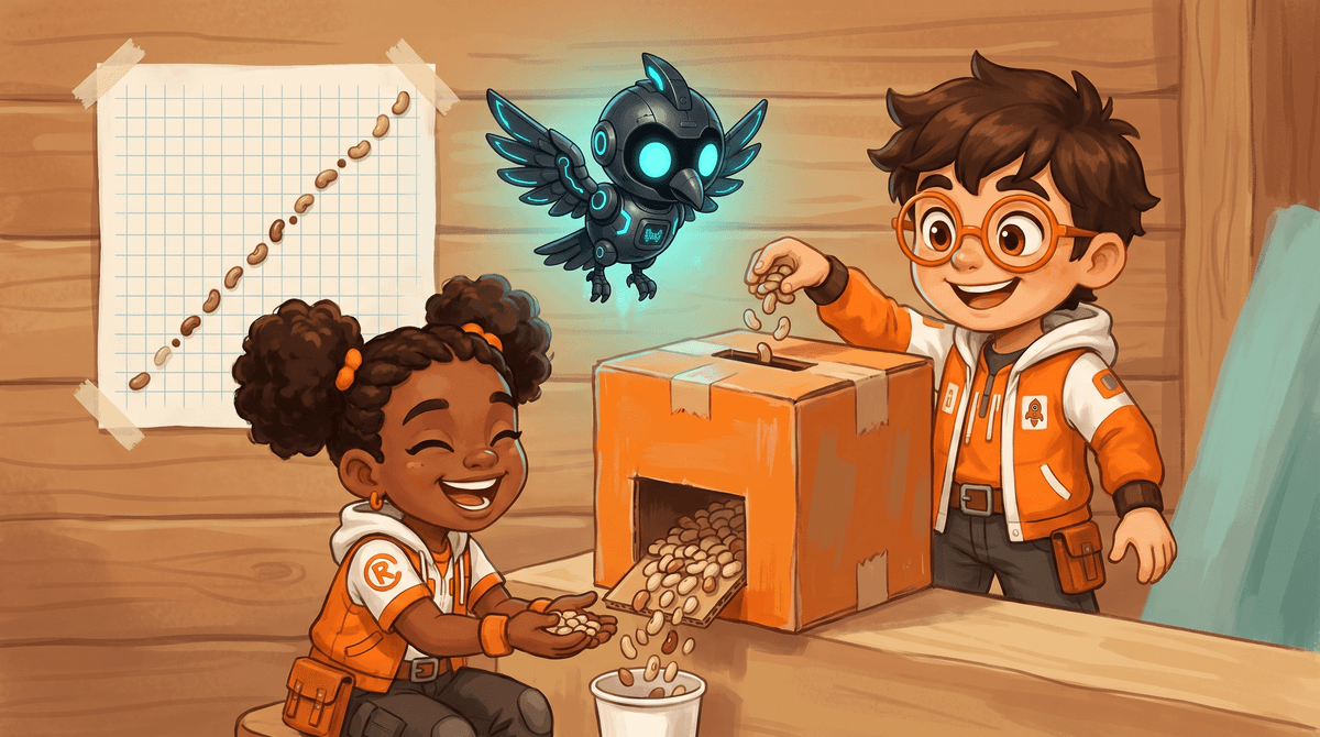 Rocket, Raven and Nova at the Puzzle Post bench with an orange rule-machine box, a card going into its slot.