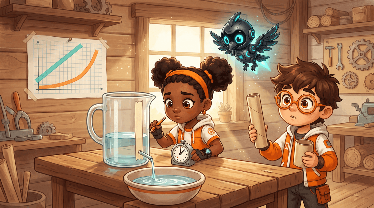 Rocket, Raven and Nova at the Puzzle Post watching a jug drip into a clear cup beside a kitchen timer.