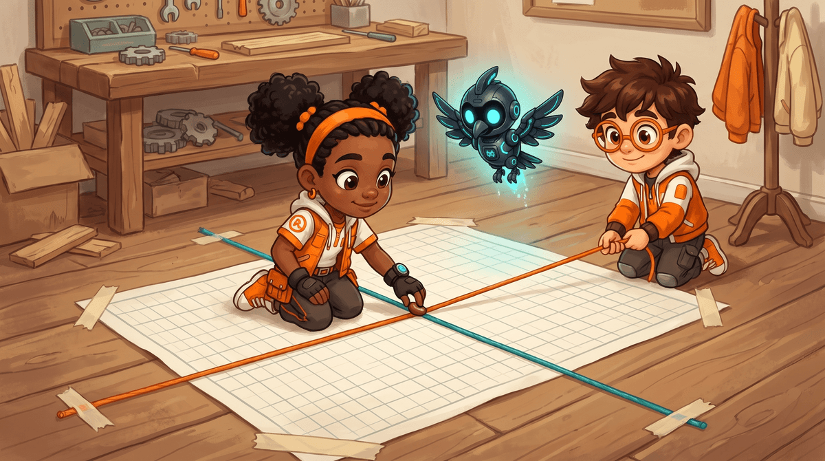 Rocket, Raven and Nova at the Puzzle Post with two strings crossing on graph paper taped to the floor.