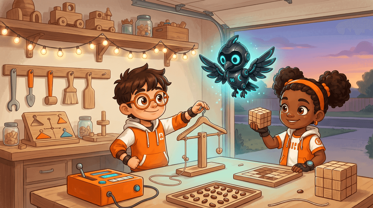 Rocket, Raven and Nova at Puzzle Night under string lights, with the balance, the rule machine, beans and a cube of blocks.