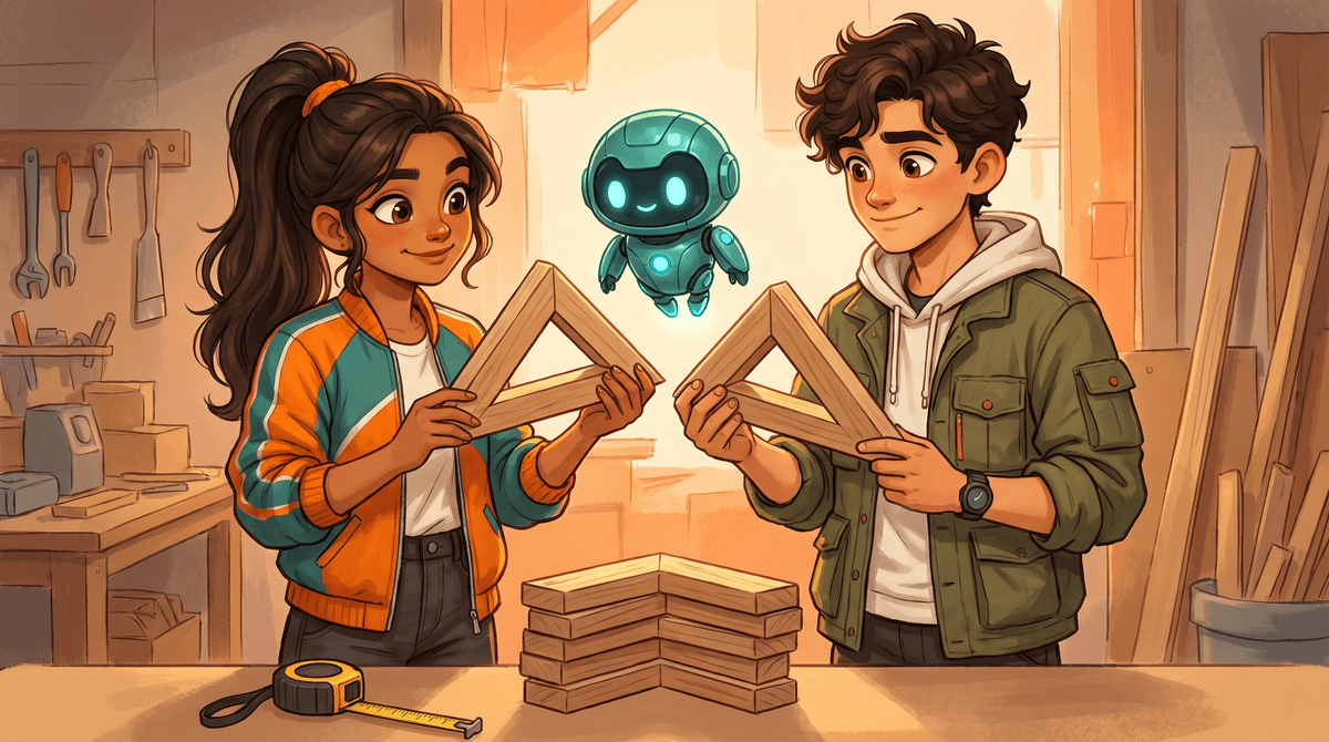 Comet and Wren hold up two matching triangular braces in the Scene Shop while Nova projects their outlines.
