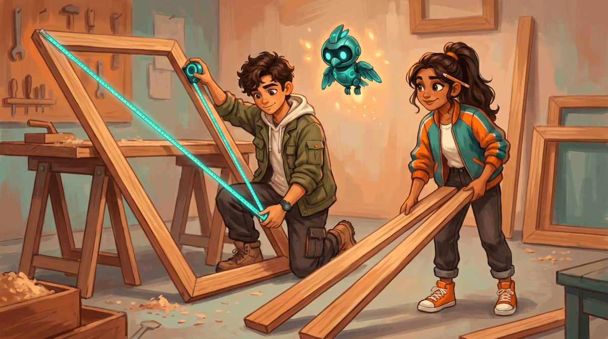 Comet, Wren and Nova in the Scene Shop with the wooden parallelogram frame on sawhorses, both diagonals stretched with string.