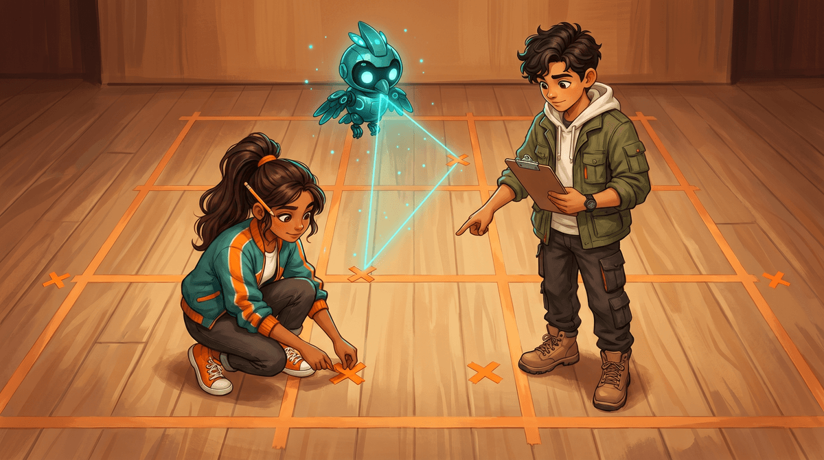 Comet and Wren on the taped stage grid while Nova projects a glowing line across the floor of the Scene Shop.