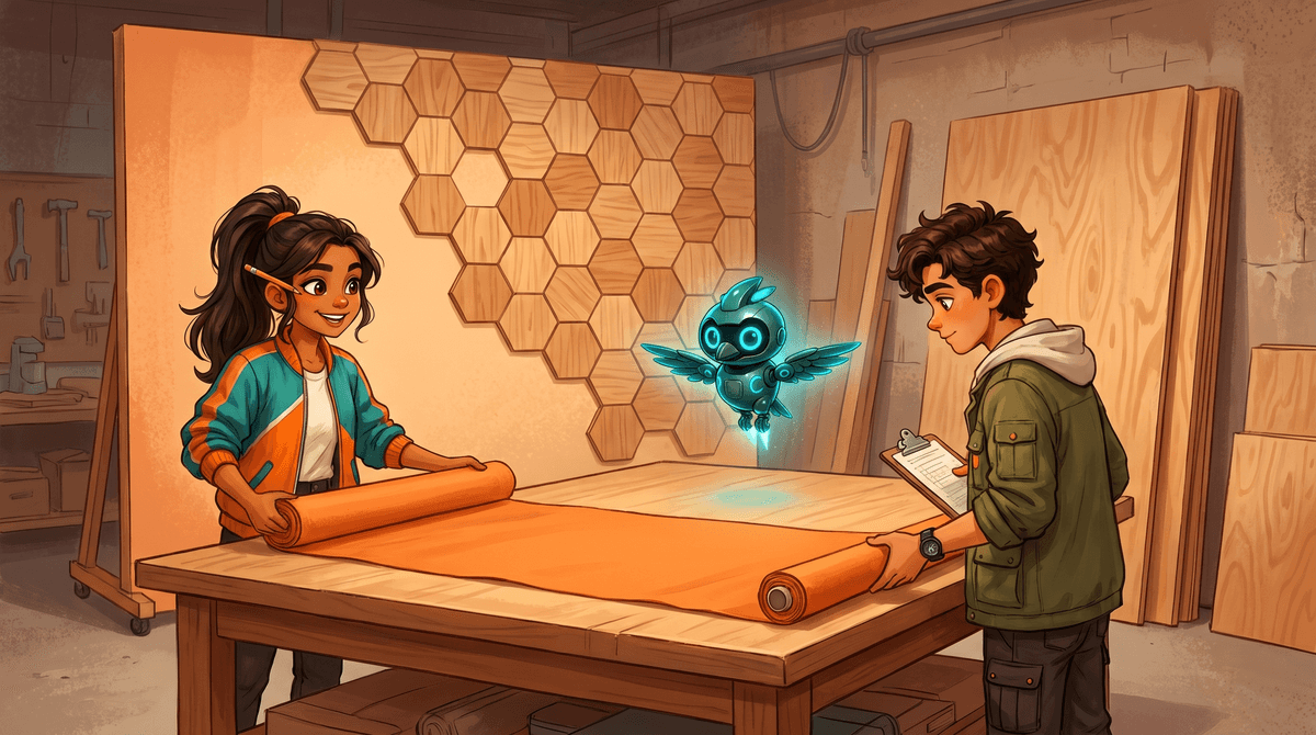 Comet unrolls the orange fabric bolt on the bench while Wren checks the plywood row under the honeycomb panel, Nova between them.
