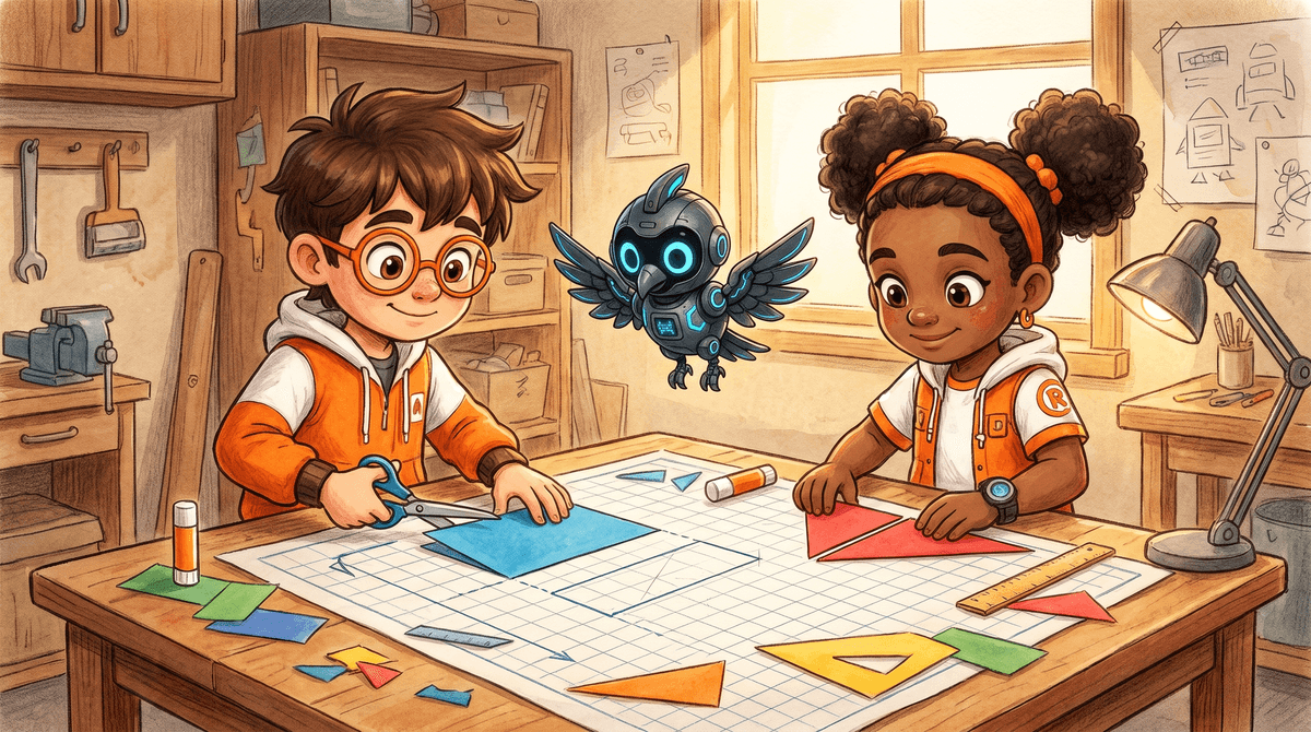 Rocket and Raven cut a parallelogram and triangles from grid paper at the Blueprint Table while Nova hovers above.