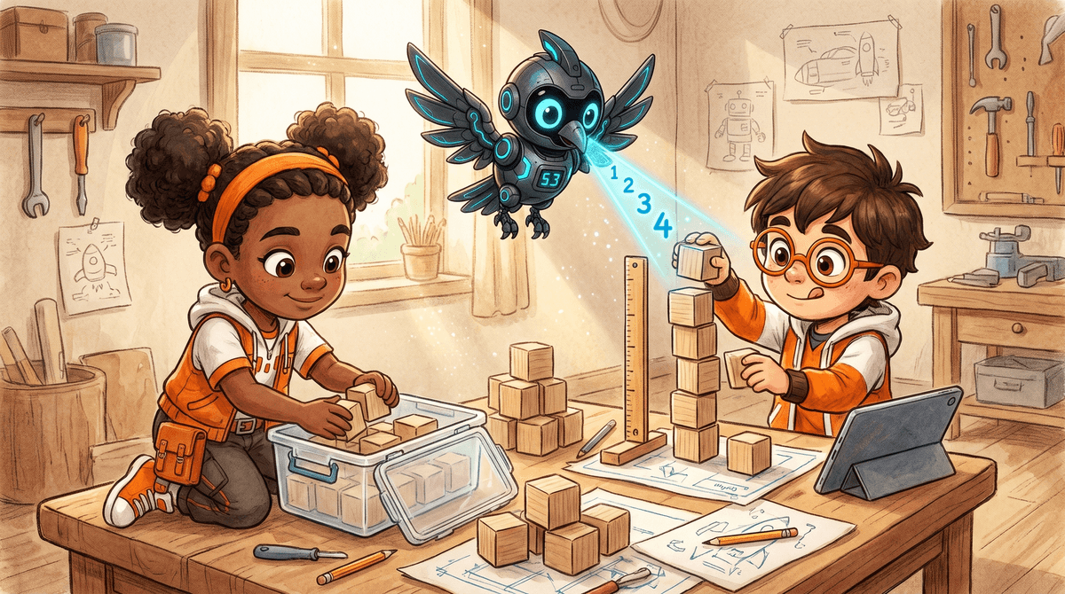 Rocket, Raven and Nova at the Blueprint Table packing small cubes into a clear box, one layer at a time.