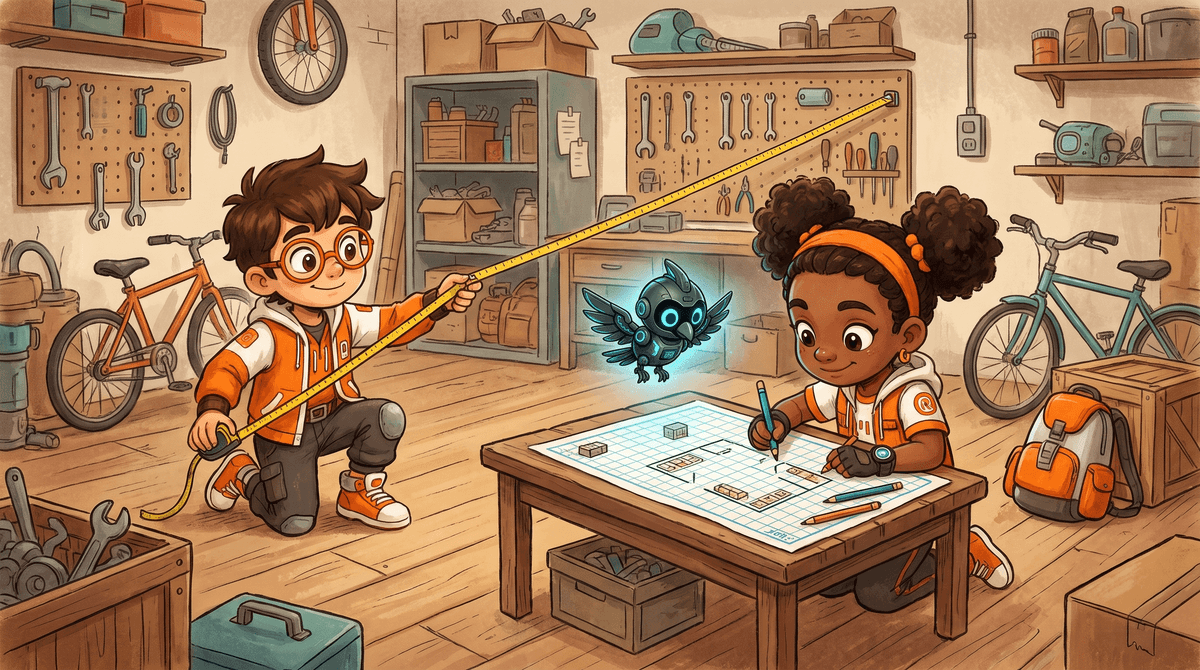 Rocket stretches a tape measure across the garage while Raven draws a scale map and Nova hovers above.
