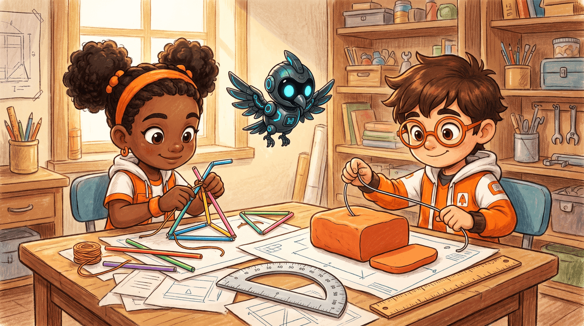 Rocket, Raven and Nova at the Blueprint Table with straw triangles and a clay block sliced by a string loop.