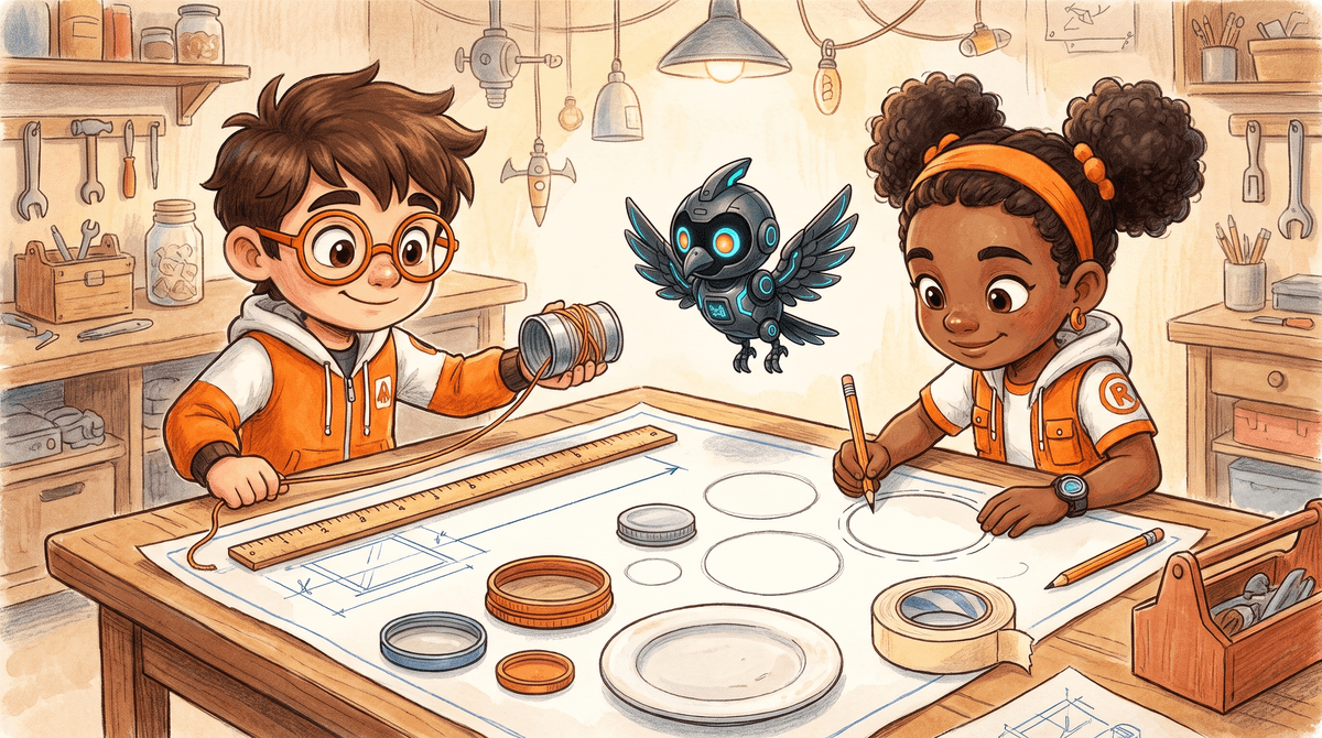 Rocket wraps string around an empty can while Raven traces lids on cardboard at the Blueprint Table, Nova hovering above.