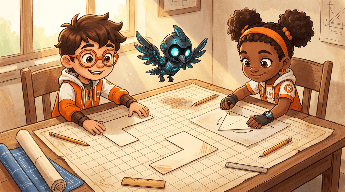 Rocket slides and flips cardboard L-shapes on a taped grid while Raven turns a triangle on a pin, Nova above.