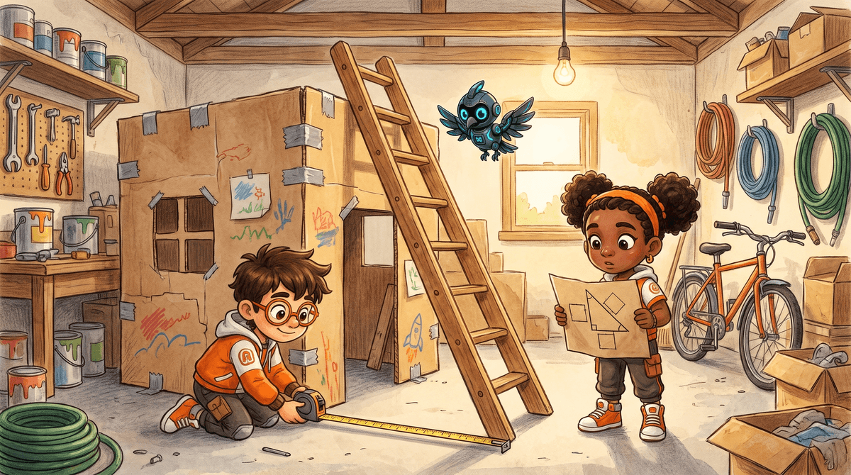 Rocket, Raven and Nova at the Blueprint Table; a small ladder leans on the model clubhouse wall, making a right triangle.