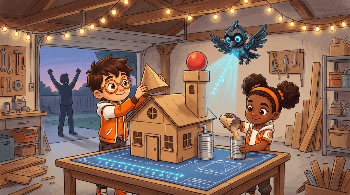 Rocket, Raven and Nova at the Blueprint Table with the finished model clubhouse: cone roof, can tank, ball and string lights.