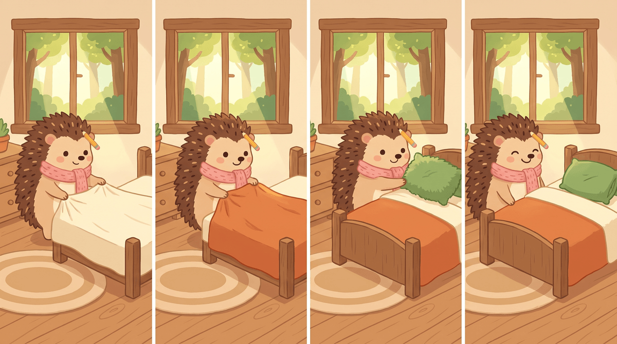 Hazel makes her bed in four steps: sheet, blanket, pillow, then the finished bed.