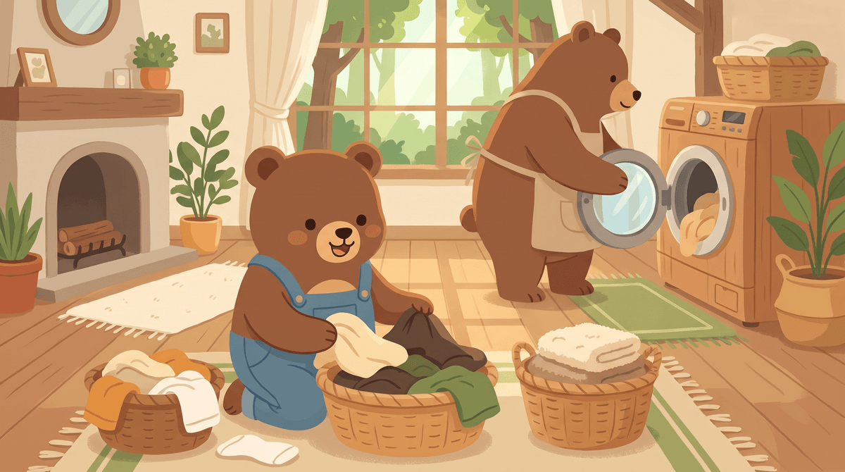 Bennie sorts laundry into three baskets while a grown up bear loads the washing machine.