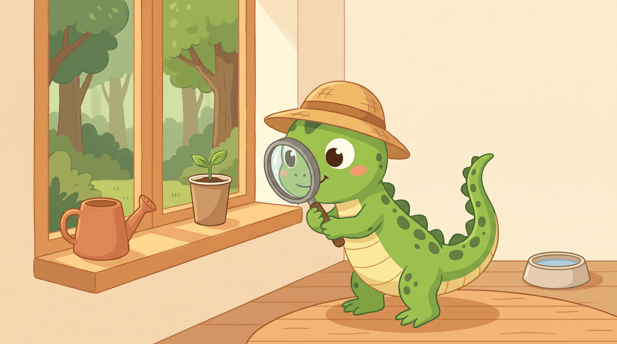 Lizzy checks a seedling in a paper cup with her magnifying glass. A pet water bowl sits nearby.