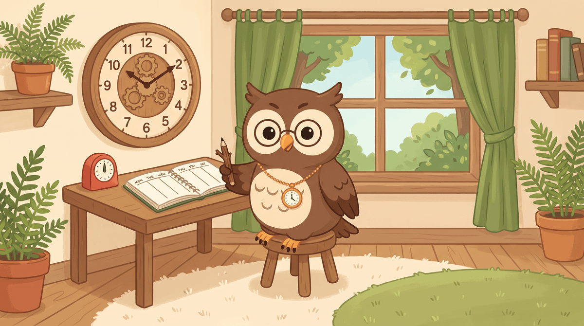 Oliver sits at a desk. Beside him are a wall clock, a weekly planner and a kitchen timer.