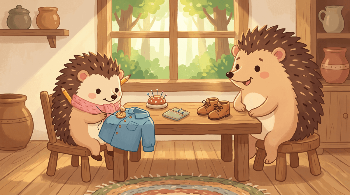 Hazel sews a button onto a shirt with a grown up hedgehog right beside her.