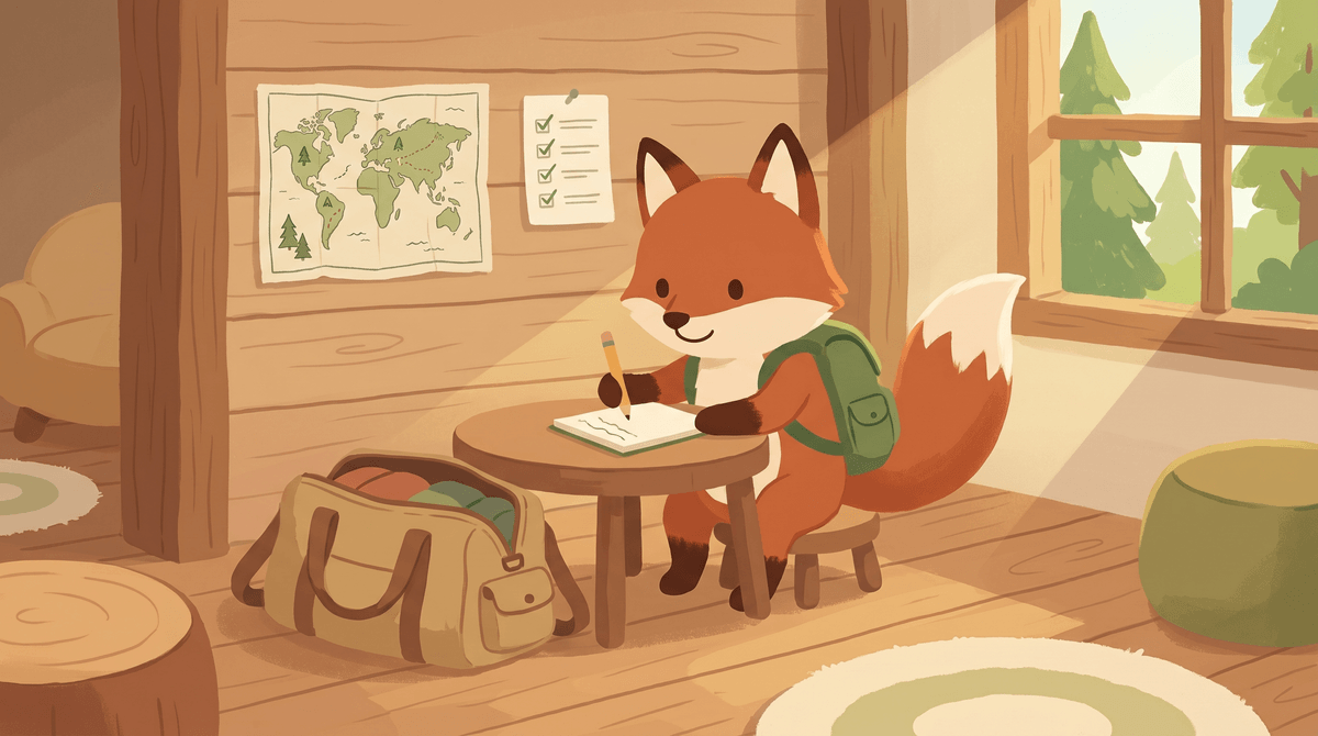 Ferris writes a list at the table. A travel bag sits open beside him under a map.