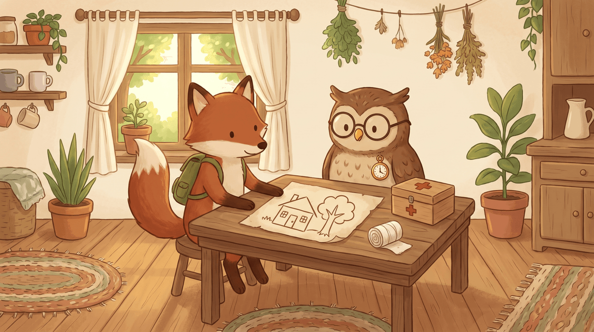 Ferris and Oliver study a simple house drawing. It shows two doors and a meeting tree.