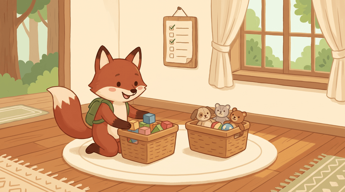 Ferris sorts toys into two baskets. Blocks in one, soft toys in the other.