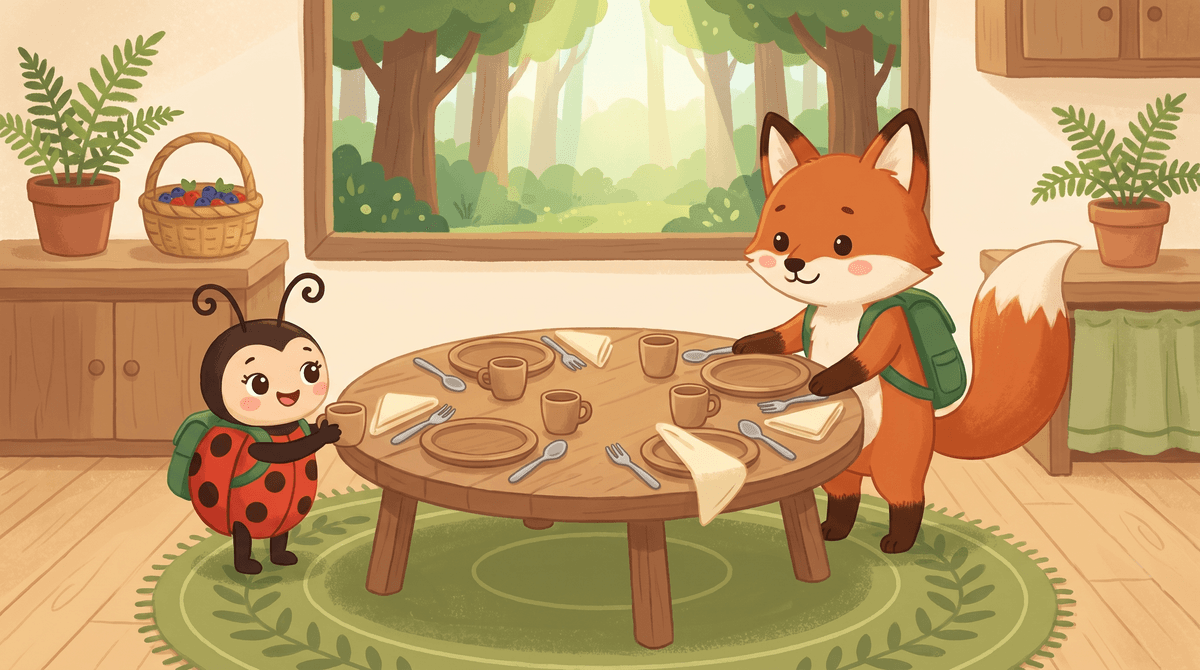Lucy and Ferris set the table. A plate, a cup, a fork and a spoon.