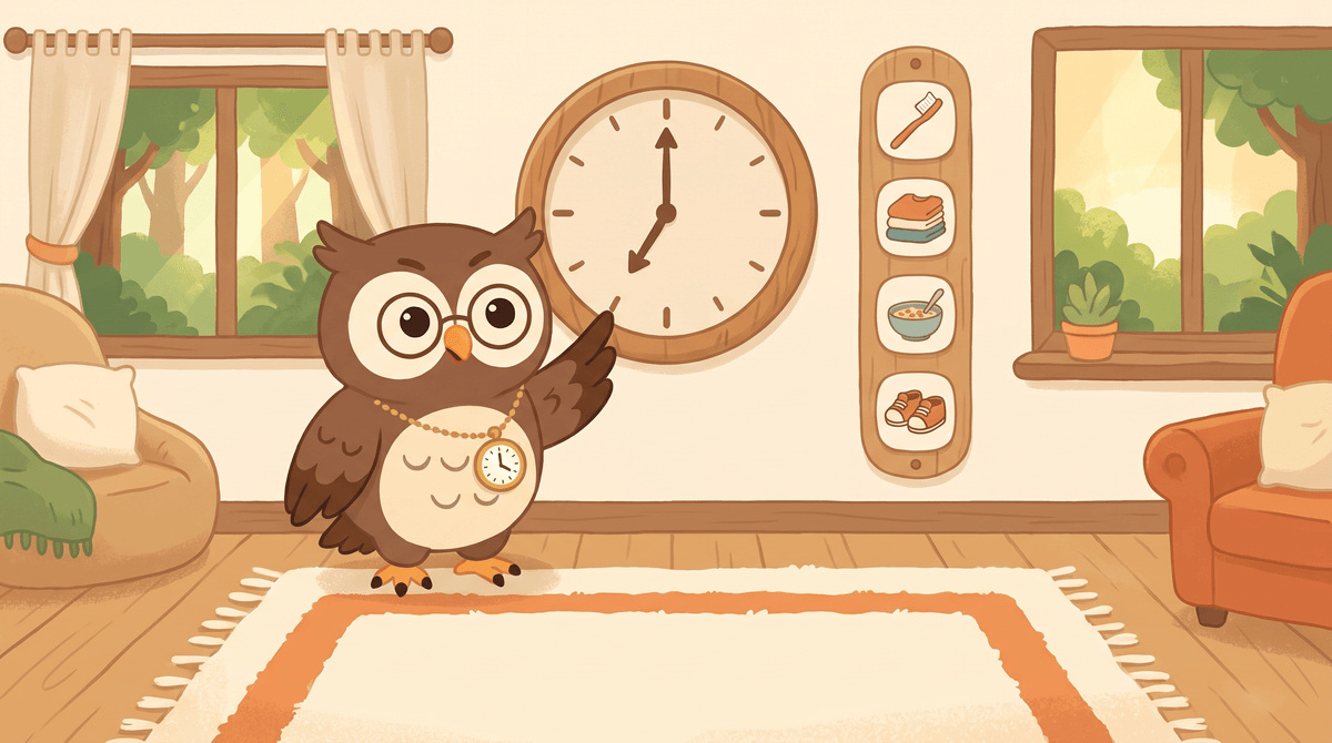 Oliver points at a big wall clock. It shows seven o clock.
