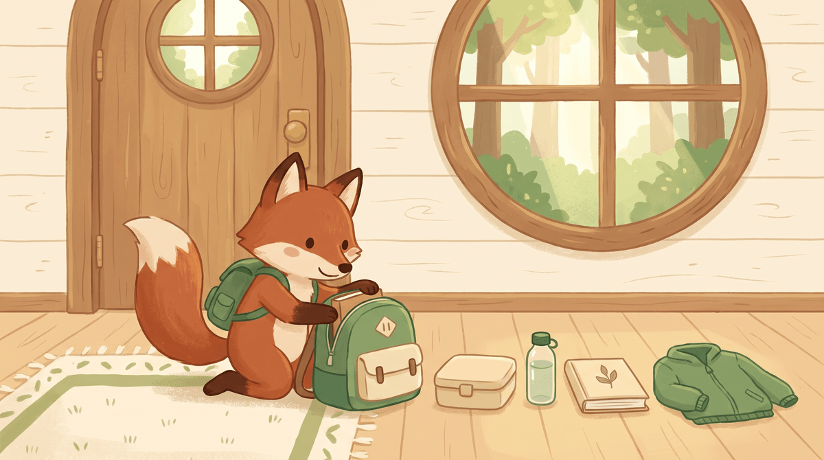 Ferris packs a backpack by the door. A lunch box, a bottle, a book, a jacket.