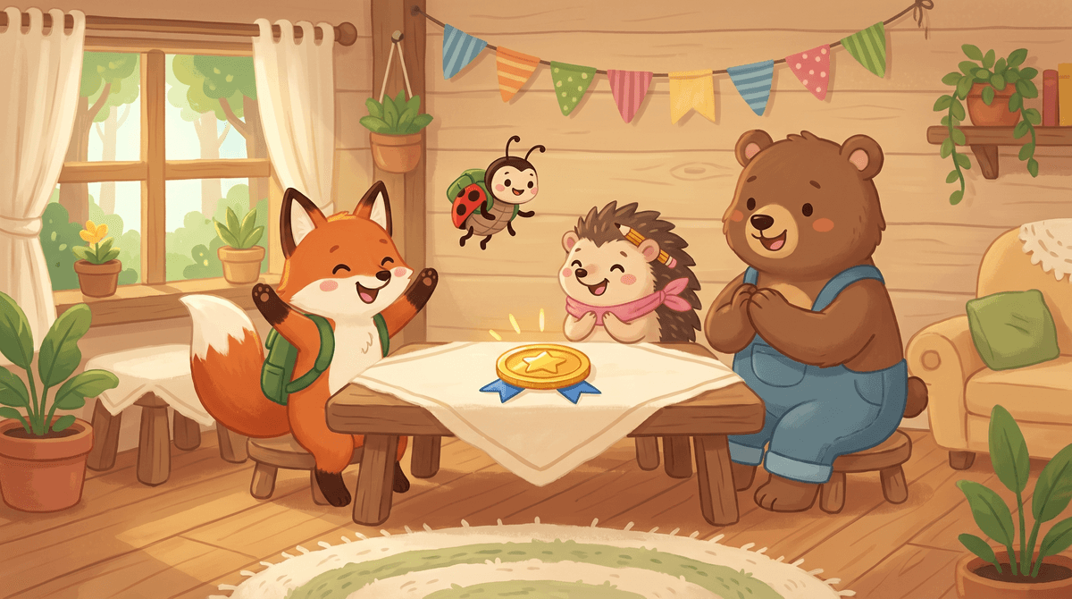 The friends cheer around a table. A gold helper badge shines on a ribbon.