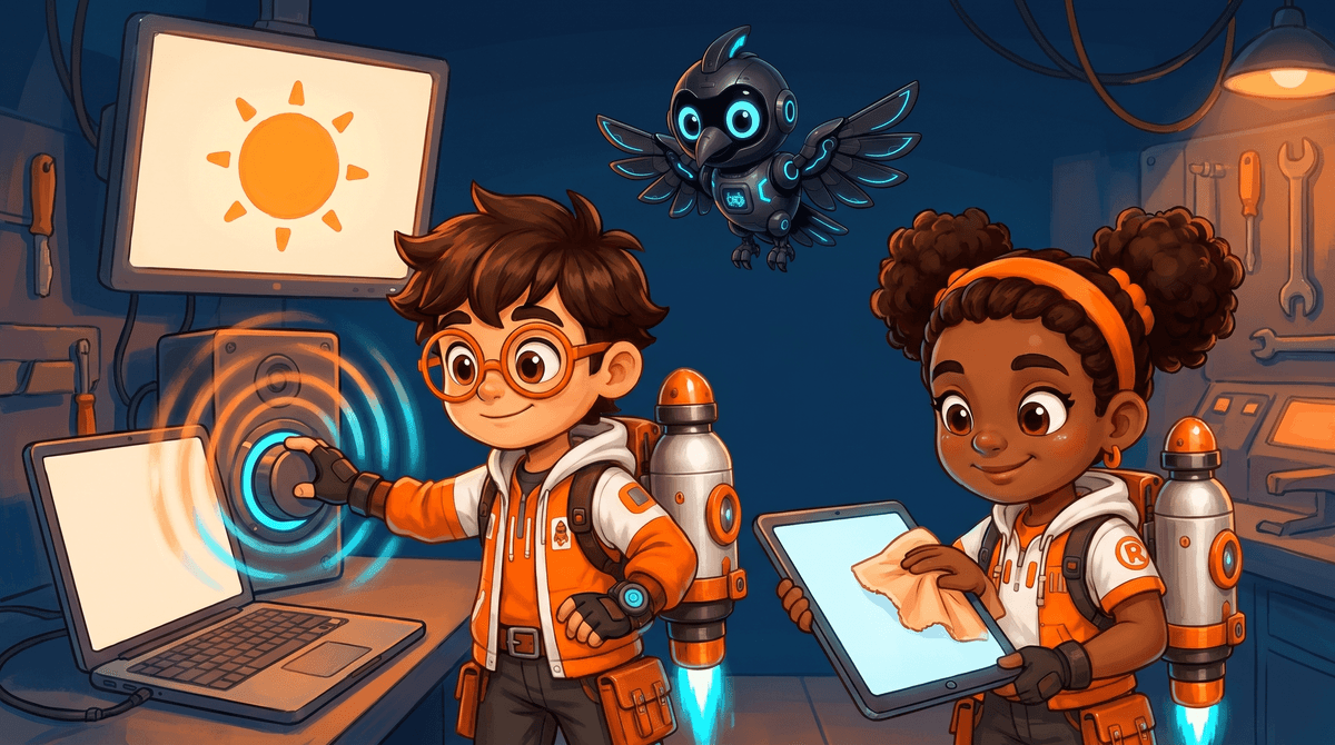 Rocket turns up the volume. Raven wipes a tablet with a soft cloth.