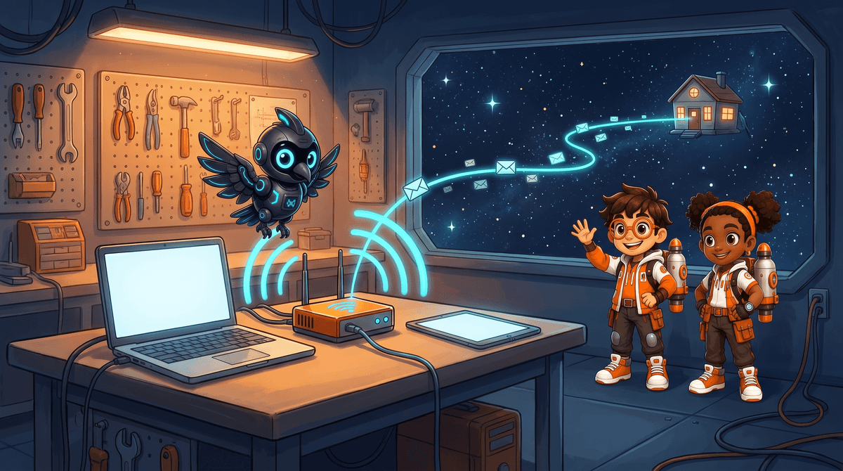 A router sends Wi-Fi waves. Tiny packets fly to a far away house.
