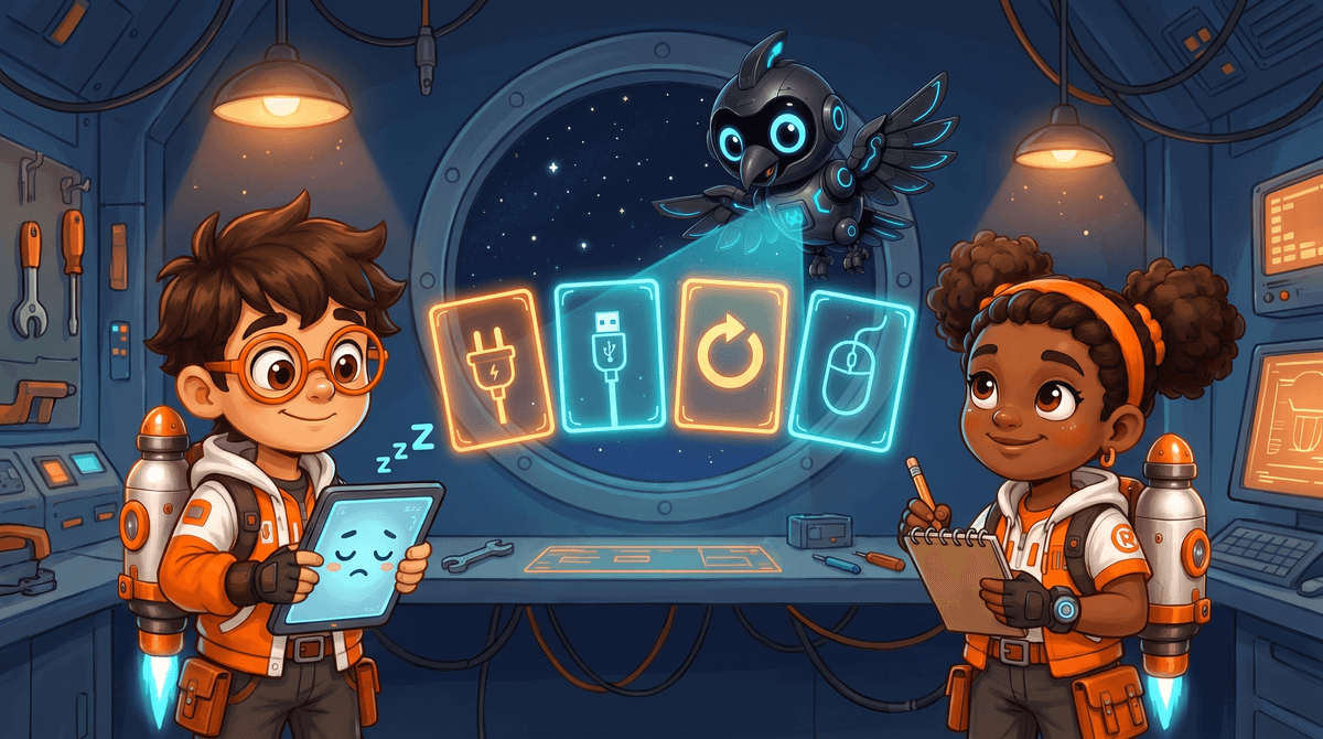 Rocket says the problem. Raven checks a cable. Nova points to a grown-up.