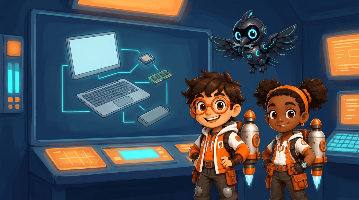 Rocket and Raven stand by a picture of laptop parts. Nova flies above.