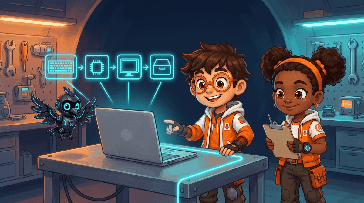 Four glowing icons above a laptop show input, process, output and storage. Rocket points along the path.