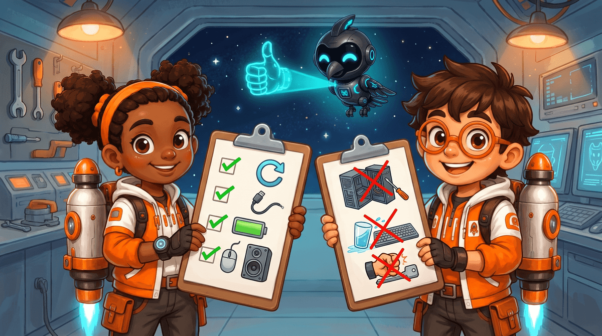 A checklist of safe fixes hangs beside a never list. Rocket restarts a tablet with a grown-up.