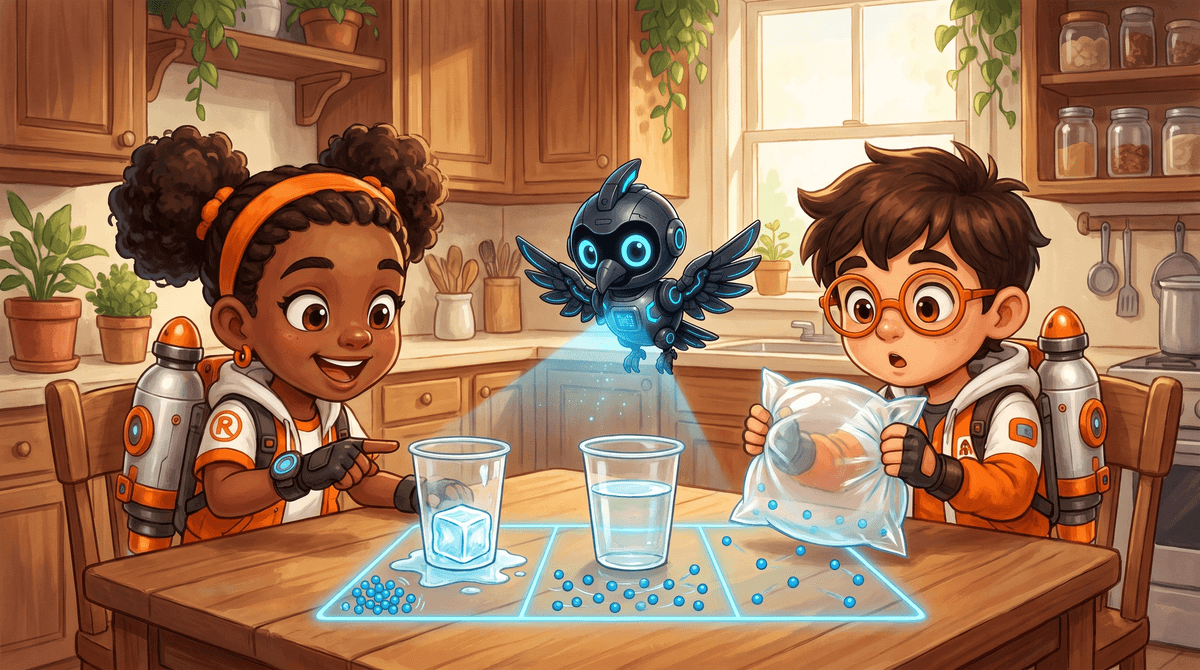 Rocket, Raven and Nova at the kitchen table Bench. An ice cube sits on a plate, and a clear cup of water tilts in Raven's hand. Rocket squeezes a puffed up zip bag of air. Nova the drone hovers over the melting ice cube with her light on.
