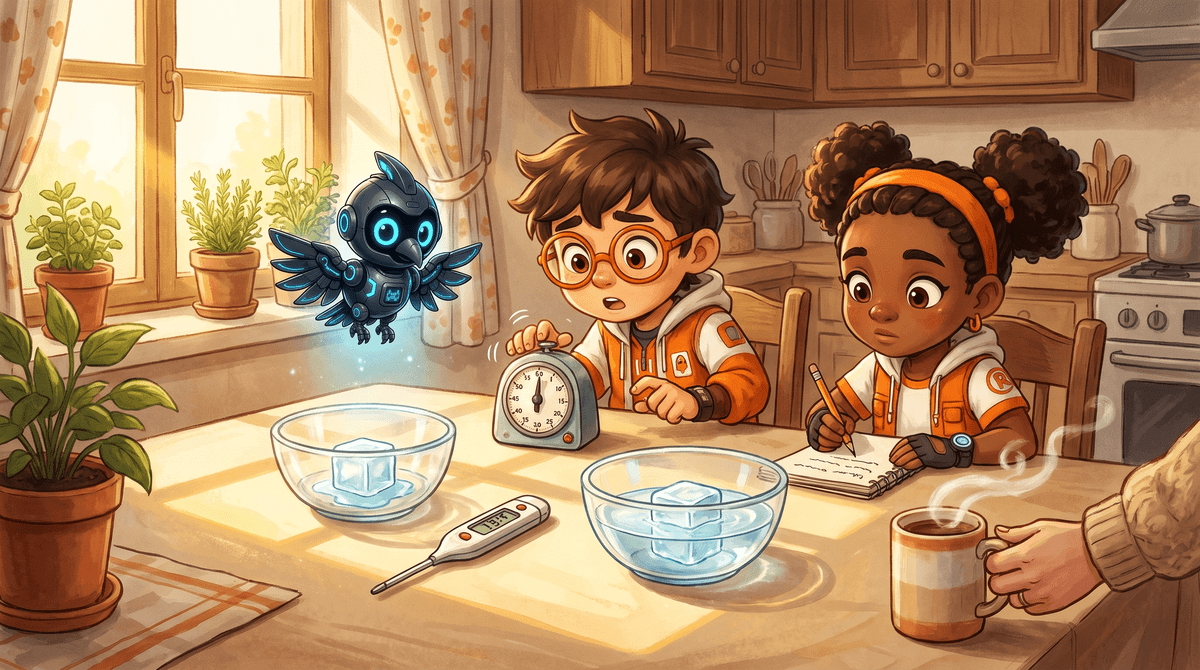 Rocket, Raven and Nova at the kitchen table Bench. One ice cube melts into a puddle on a plate in a patch of sunlight. A second ice cube sits almost whole on a plate in the shade. Rocket holds a timer and Raven writes in the Bench Log. Nova the drone hovers between the two plates with her light glowing.