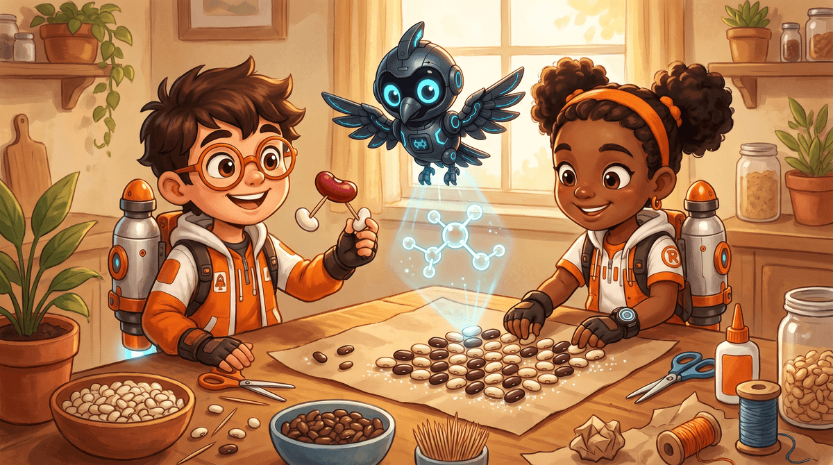 Rocket, Raven and Nova at the kitchen-table Bench. Rocket lines up two small beans beside one large bean to model a water molecule. Raven reads from the Bench Log. Nova the drone hovers above the beans with her light on.