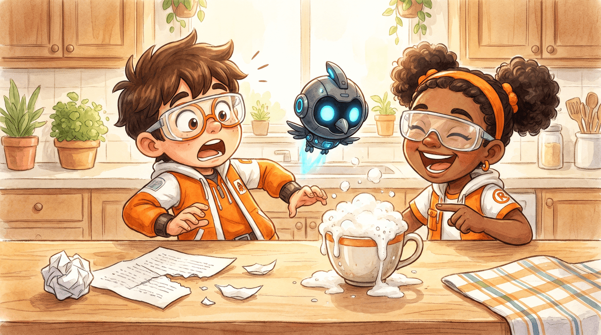 Rocket, in a yellow raincoat, kneels beside a clear jar of water with a ruler standing in it. Raven crouches under a patterned umbrella holding a notebook and pencil. Nova the drone hovers between them with her blue lights on. Rain falls around them.