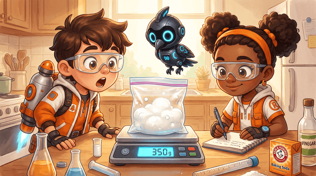Rocket and Raven stand at a large easel in a cozy workshop. Raven, in an orange hoodie, draws on the board while Rocket holds a tablet. Nova the drone hovers in the air near the board with her blue lights on. Jars and plants line the shelves behind them.