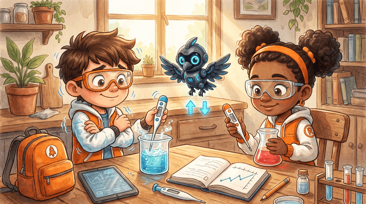 Rocket, Raven and Nova at the kitchen-table Bench. Rocket pours vinegar into a clear cup that is foaming with baking soda. Raven holds a kitchen thermometer over the cup and points at the reading. Nova the drone hovers above the cup with her light on.