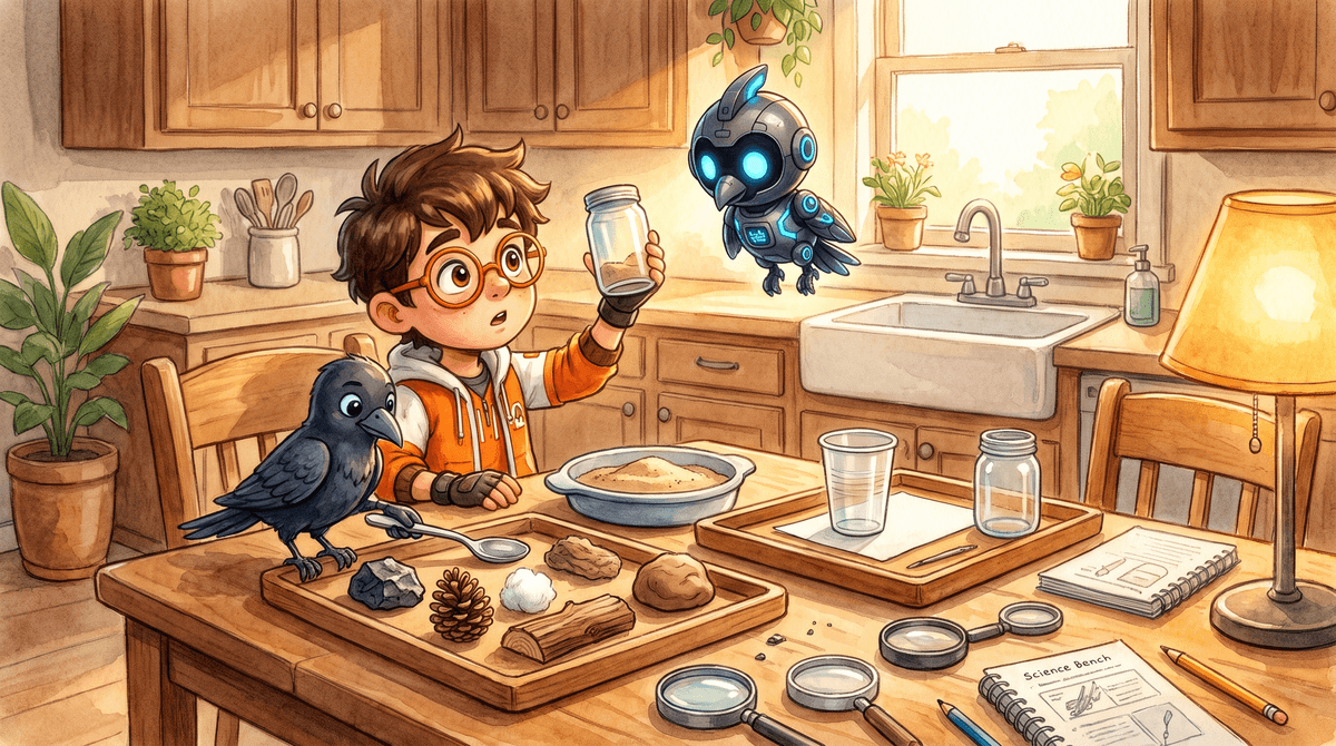 Rocket, Raven and Nova at the kitchen-table Bench with a pile of supplies. The pile holds foam cups, foil, a zip bag, paper towels, a glass jar and a steel spoon. Raven holds up the spoon. Rocket writes in the Bench Log. Nova the drone hovers above the pile with her light shining on it.