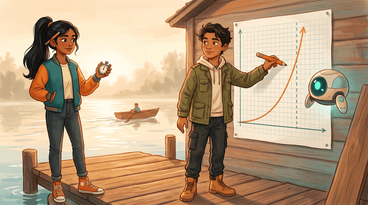 Morning on the dock: Comet times a rowboat while Wren draws a curve climbing toward a dashed line on a wall sheet.