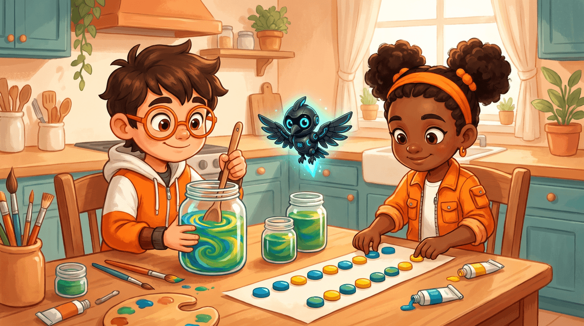 Rocket, Raven and Nova at the Numbers Desk, the kitchen table. Paper strips, two colors of counters and paint jars sit between them.