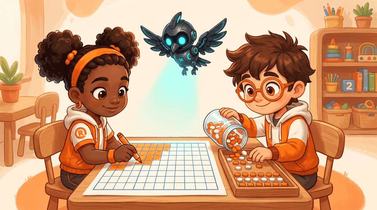 Rocket, Raven and Nova at the Numbers Desk with the Field Day sign-up sheet. A hundred grid is shaded one quarter red.