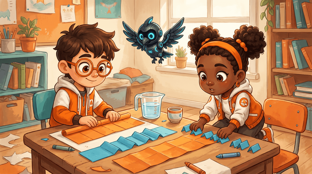 Rocket unrolls orange paper strips at the Numbers Desk while Raven folds blue strips and Nova hovers above a measuring jug.