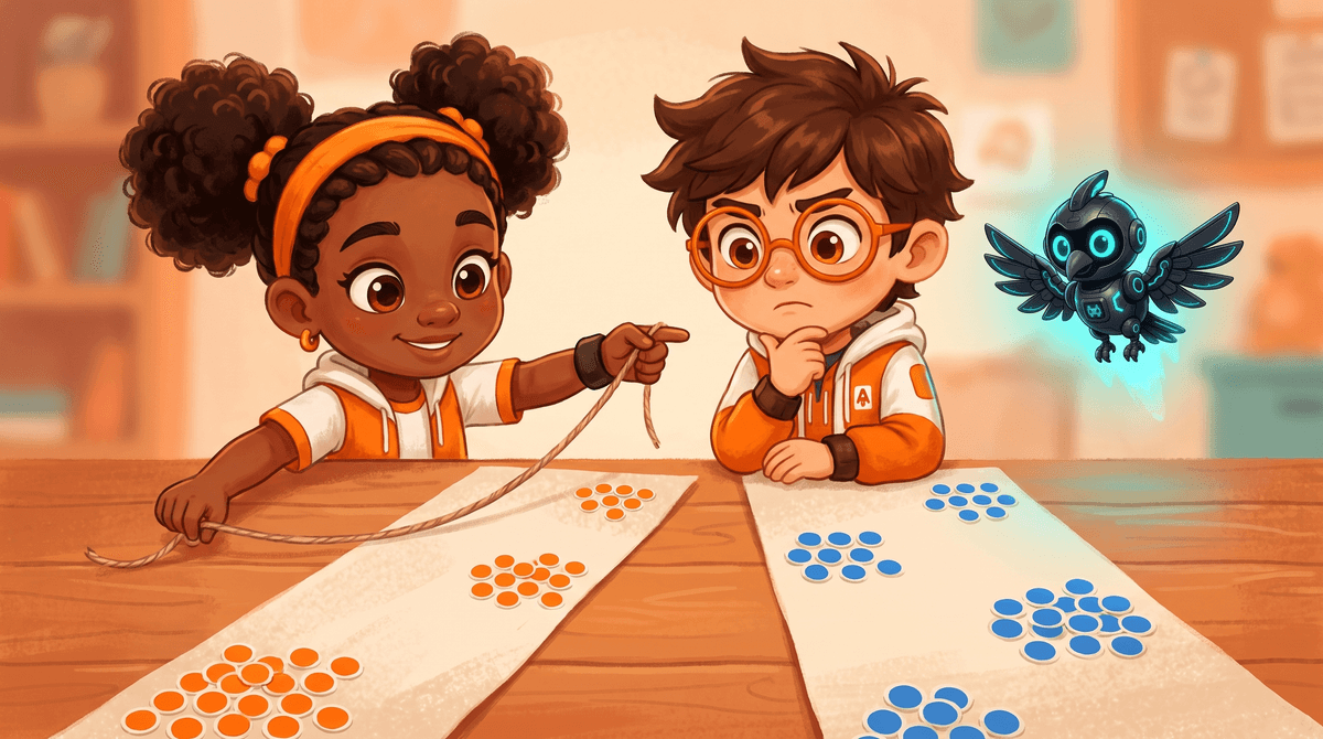 Rocket, Raven and Nova at the Numbers Desk with seven piles of beans, a line of beanbags and a score sheet.