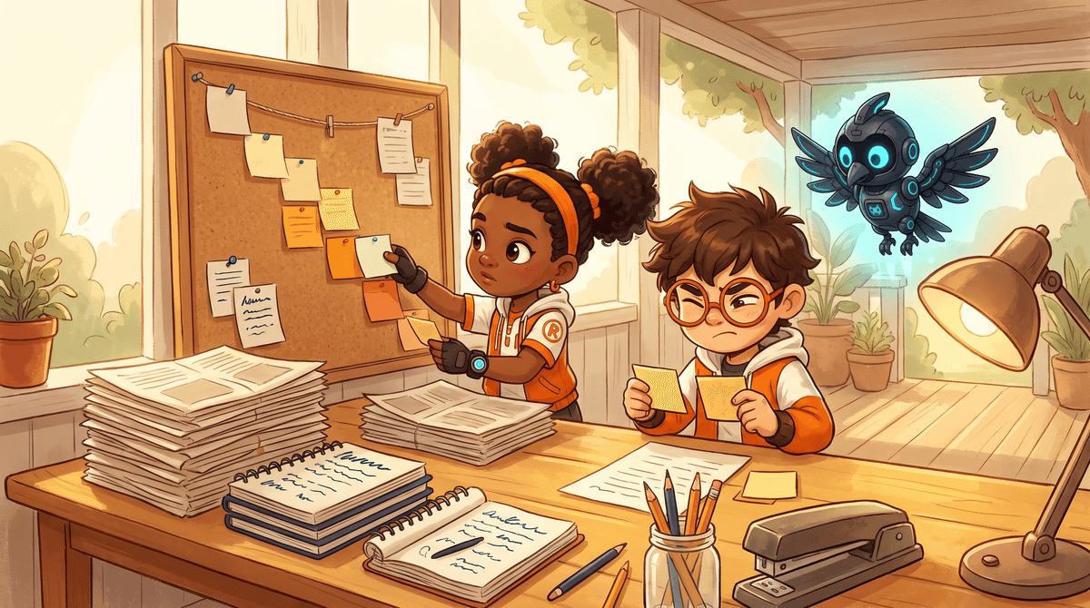 Rocket, Raven and Nova at the Signal Desk beside a ladder of sticky notes in shades of meaning.