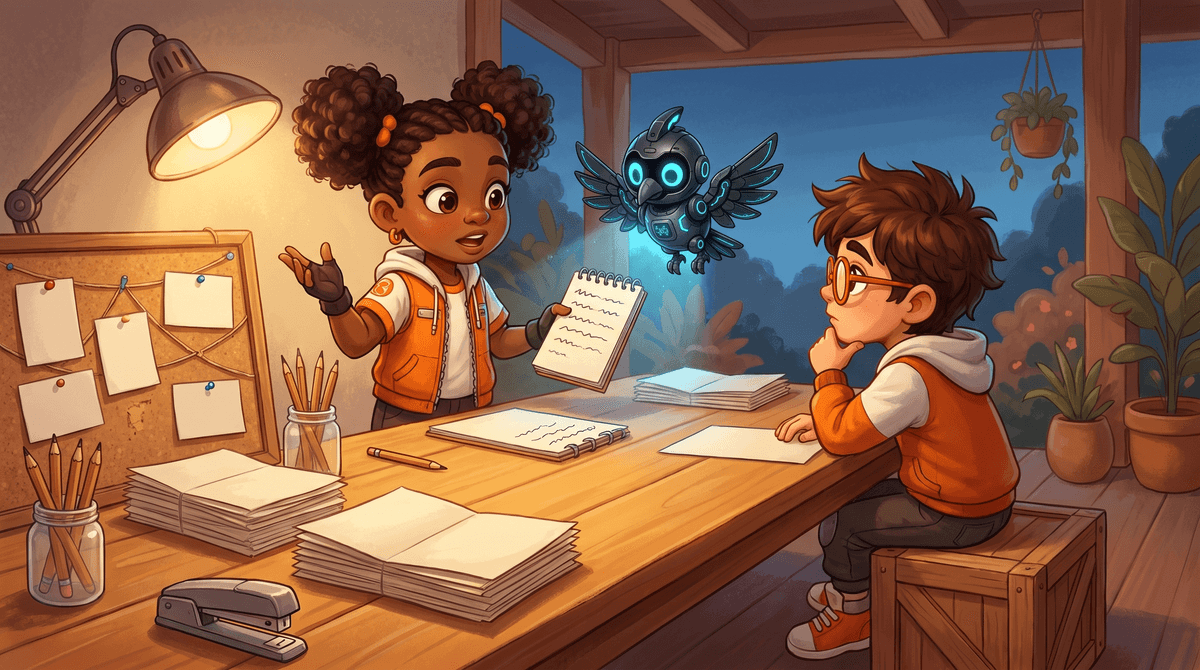 Raven reads aloud under the lamp at dusk while Rocket listens and Nova hovers at the Signal Desk.