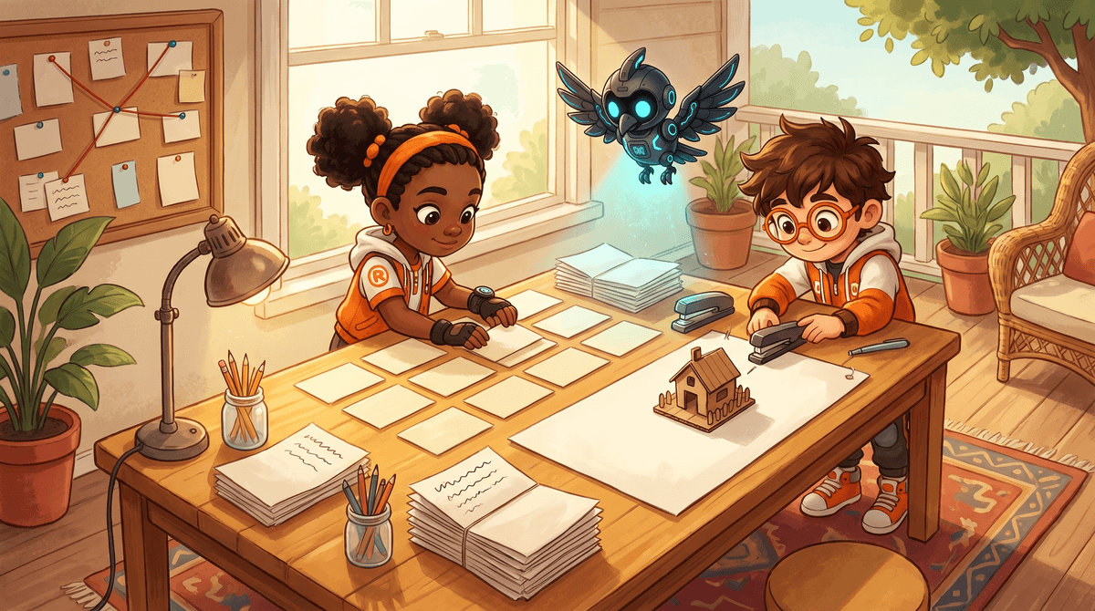 Rocket, Raven and Nova at the Signal Desk with index cards in three rows beside a cardboard model.